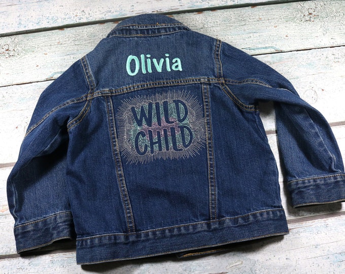 Personalized kids denim jacket with embroidered design Wild Child - toddler jean jacket with name