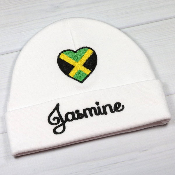 Personalized baby hat with embroidered Jamaican flag heart - micro preemie / preemie / newborn / 0-3 months / 3-6 months / 6-12 months