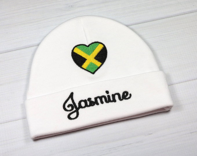 Personalized baby hat with Jamaican flag - micro preemie / preemie / newborn / 0-3 months / 3-6 months / 6-12 months