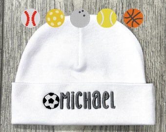 Personalized Baby Hat: Embroidered Sports Ball Beanie | Sizes Preemie - 12 months