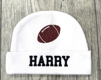 Personalized baby hat with football - micro preemie / preemie / newborn / 0-3 months / 3-6 months / 6-12 months