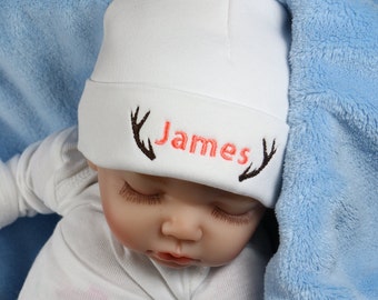 Personalized baby hat with antlers - micro preemie / preemie / newborn / 0-3 months / 3-6 months