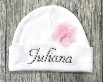 Personalized baby girl hat with 1.5" chiffon flower - micro preemie / preemie / newborn / 0-3 months / 3-6 months / 6-12 months