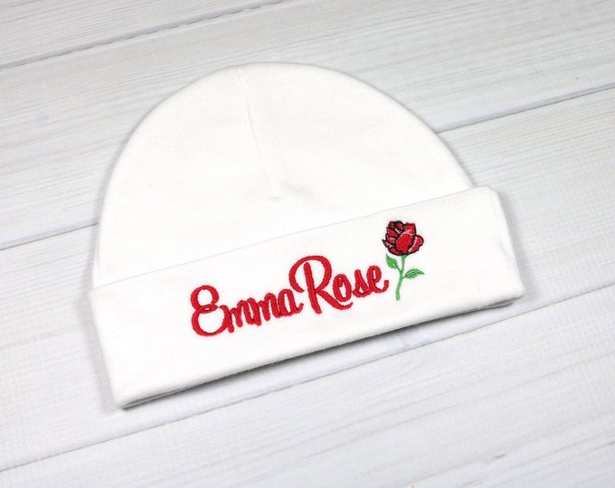 Personalized baby girl hat with rose flower - micro preemie / preemie / newborn / 0-3 months / 3-6 months / 6-12 months