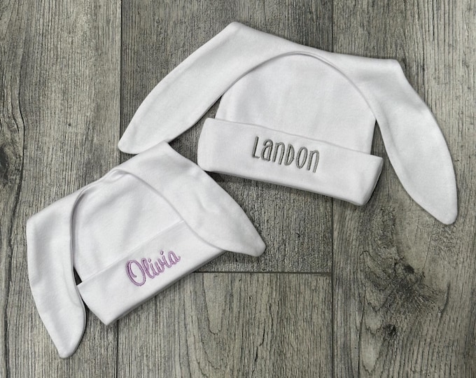 Personalized Baby Beanie With Bunny Ears: Newborn Hospital Hat, Custom Name | Sizes Preemie - 6 months