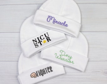 NICU Preemie Hat Set: Embroidered Baby Beanie | Sizes Micro Preemie - 12 months