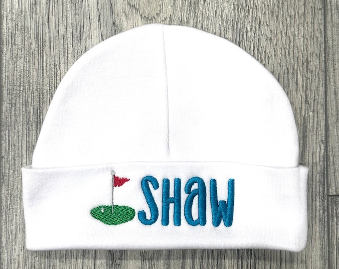 Personalized baby hat with embroidered golf green - micro preemie / preemie / newborn / 0-3 months / 3-6 months / 6-12 months