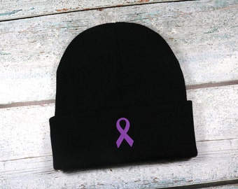 Purple awareness ribbon embroidered winter hat - adult size beanie for men or women