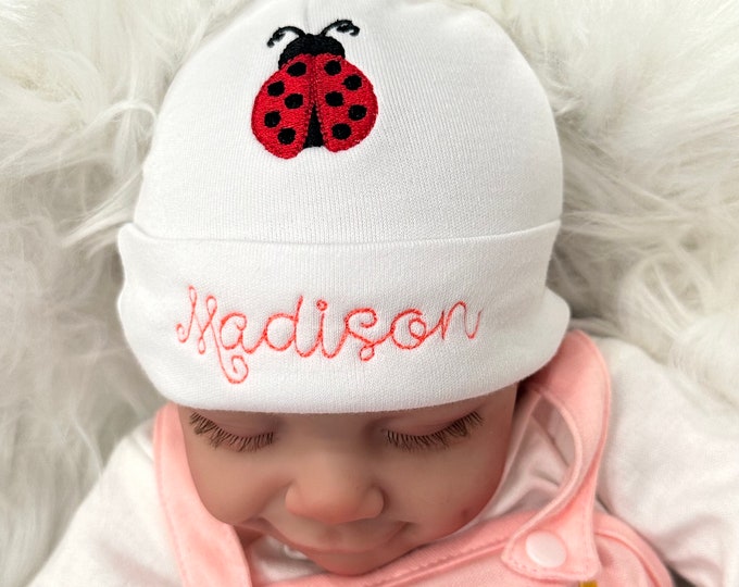 Personalized baby hat with ladybug - micro preemie / preemie / newborn / 0-3 months / 3-6 months / 6-12 months