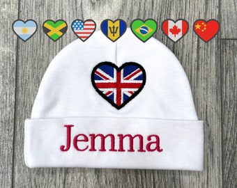 Personalized baby hat w/ embroidered country flag heart - Union Jack baby hat - micro preemie / preemie / newborn / 0-3 months / 3-6 months