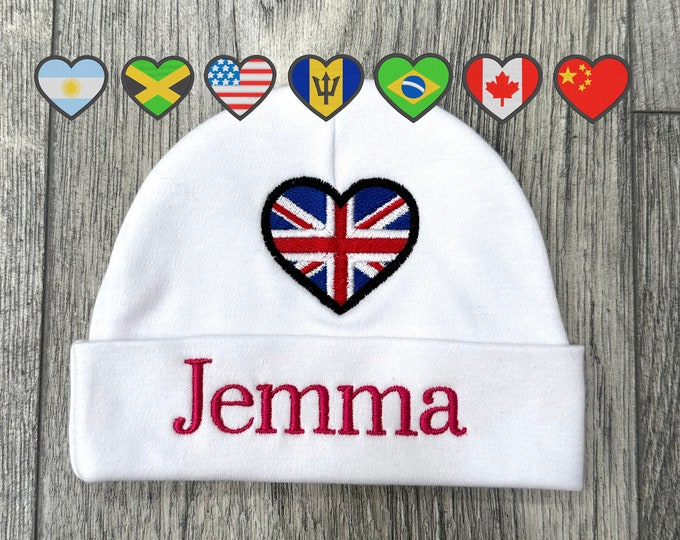 Personalized baby hat w/ embroidered country flag heart - Union Jack baby hat - micro preemie / preemie / newborn / 0-3 months / 3-6 months