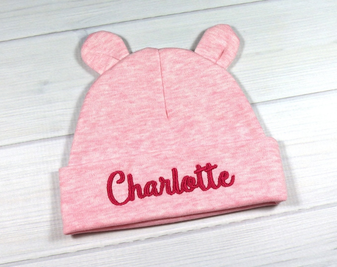 Personalized baby girl beanie - custom newborn hat for a baby girl in pink - baby beanie with ears - 0-3 months baby hat