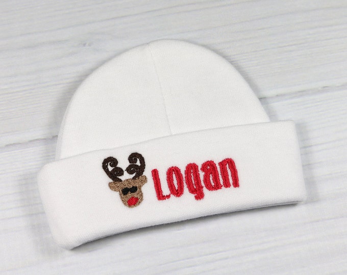 Personalized baby hat with reindeer - micro preemie / preemie / newborn / 0-3 months / 3-6 months / 6-12 months