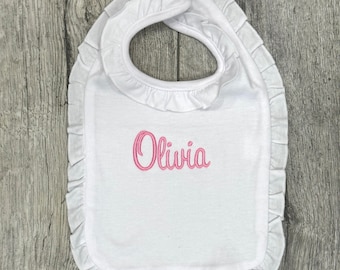 Embroidered Ruffle Baby Bib: Personalized Monogrammed Infant Bib for Newborn Girl