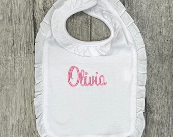 Personalized baby girl bib with ruffles - embroidered custom infant bib with baby name monogram