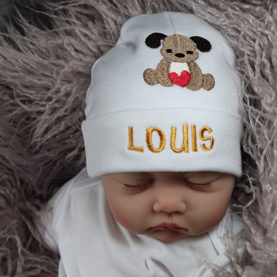 AvasMiracles Personalized Baby Hat with Embroidered Puppy - Micro Preemie / Preemie / Newborn / 0-3 Months / 3-6 Months
