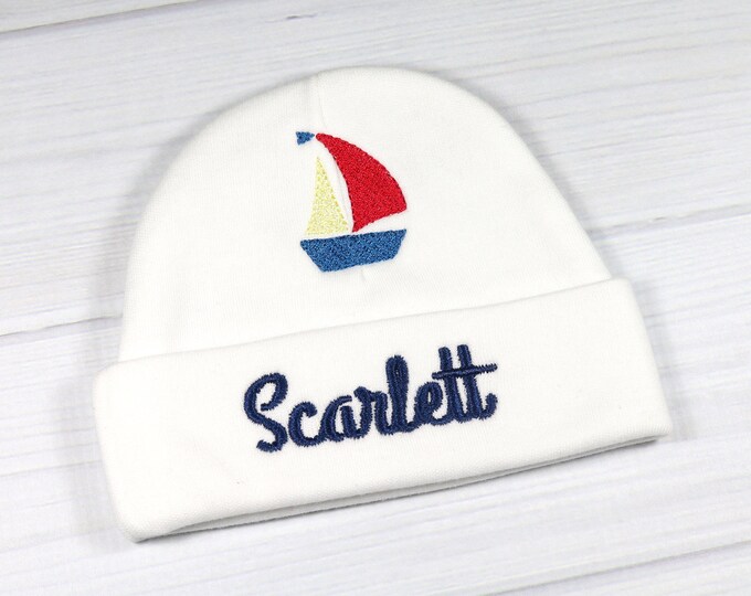 Personalized baby hat with sail boat - micro preemie / preemie / newborn / 0-3 months / 3-6 months / 6-12 months