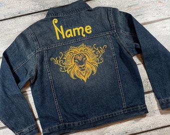 Personalized kids denim jacket with embroidered lion design - toddler jean jacket with name