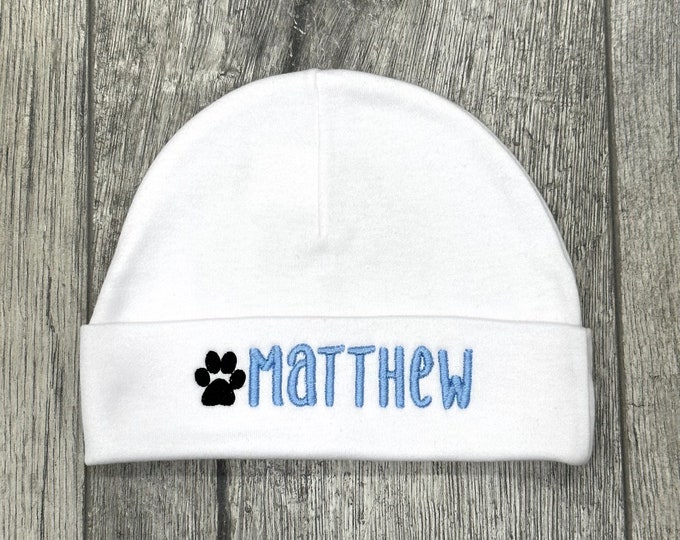 Personalized baby hat with embroidered paw print - micro preemie / preemie / newborn / 0-3 months / 3-6 months / 6-12 months