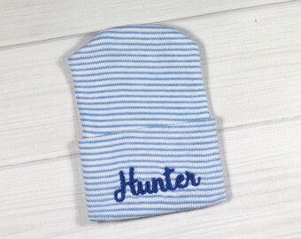 Baby hospital hat - personalized newborn beanie - personalized preemie hat - blue striped baby hat - baby boy name hat