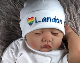 Personalized baby hat with rainbow heart - micro preemie / preemie / newborn / 0-3 months / 3-6 months