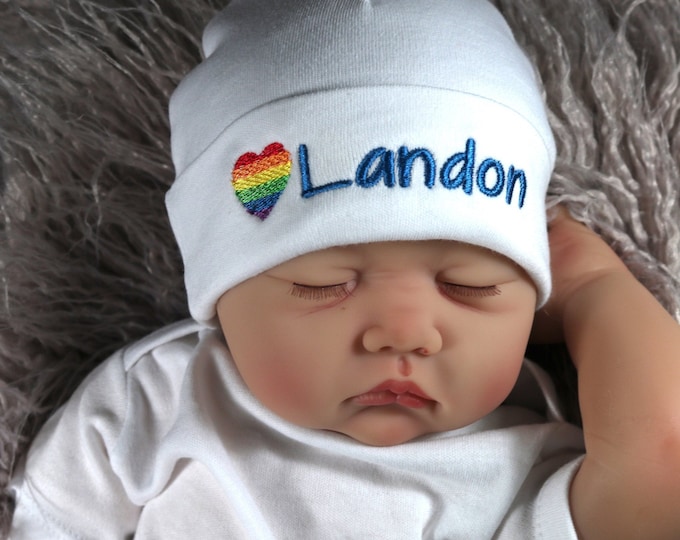 Personalized baby hat with rainbow heart - micro preemie / preemie / newborn / 0-3 months / 3-6 months