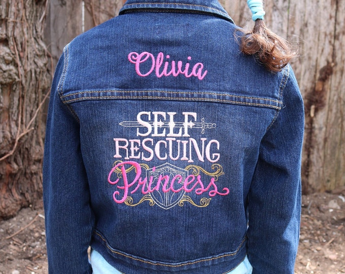 Personalized girl's denim jacket with embroidered design Self Rescuing Princess - toddler jean jacket with name