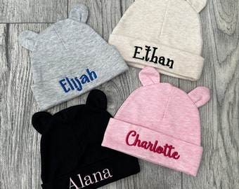 Personalized Baby Beanie with Ears: Newborn Teddy Bear Hat (0-3 Months)
