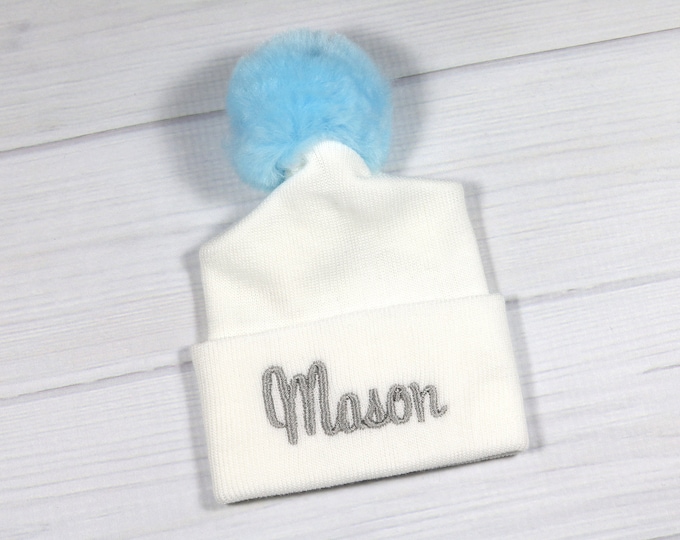 Baby hospital hat with blue pom pom - personalized newborn beanie