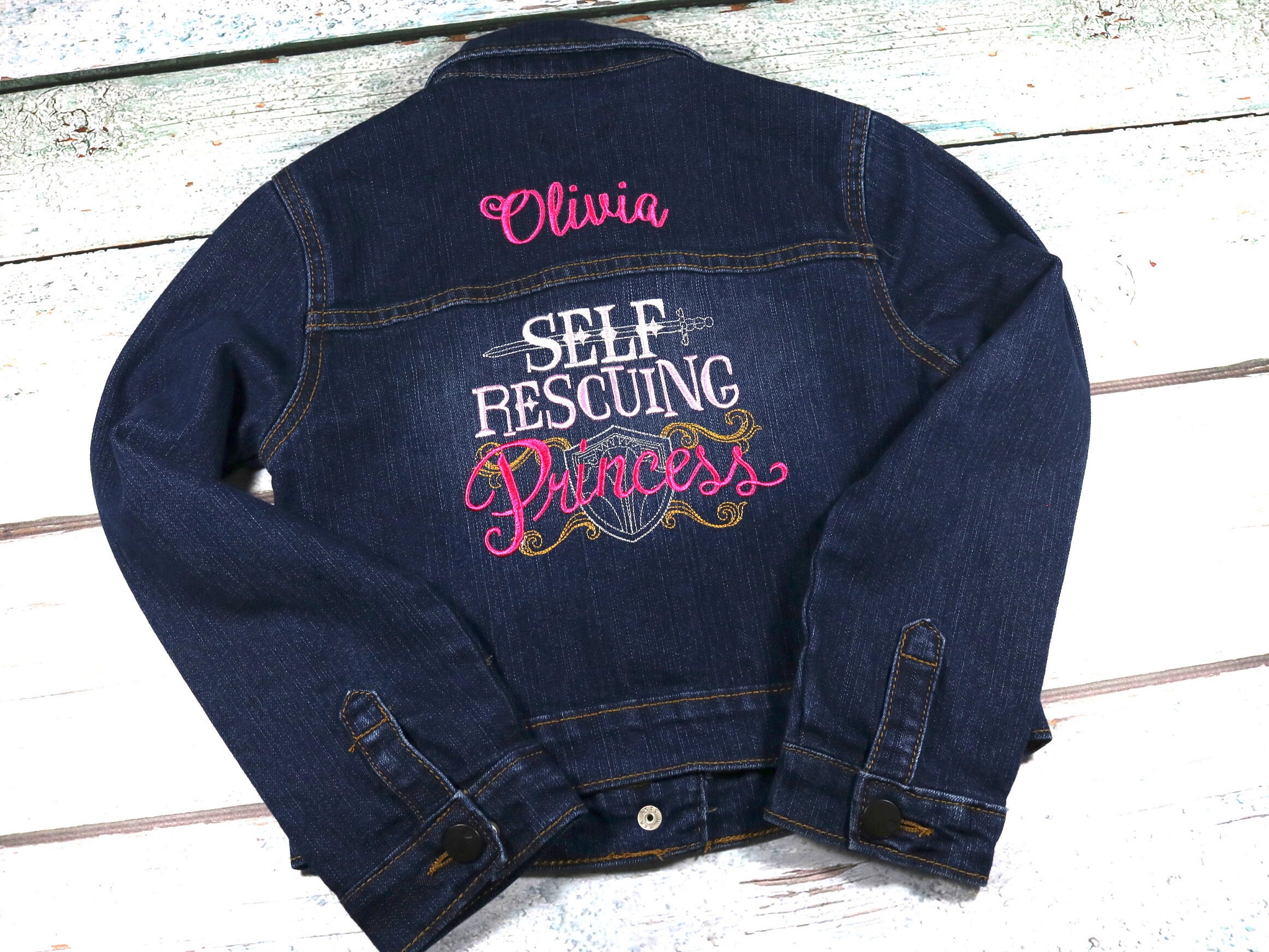 Personalized girl's denim jacket with embroidered design Self Rescuing
