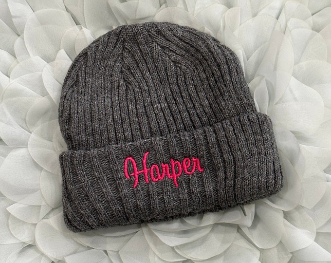 Gray personalized kids winter hat 1 - 5 years old - knit baby hat custom embroidered - cold weather baby beanie
