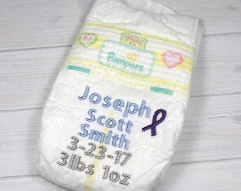 Preemie birth announcement diaper - embroidered diaper baby keepsake for memory box or shadow box