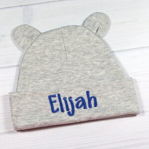 Personalized baby boy beanie - custom newborn hat for a baby boy in gray - baby beanie with ears - 0-3 months baby hat