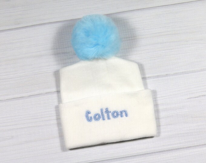 Preemie hospital hat with blue pom pom