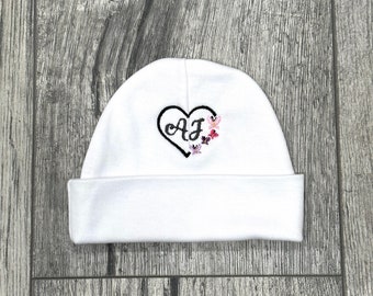 Initials monogrammed baby hat with embroidered butterfly heart - micro preemie / preemie / newborn / 0-3 months / 3-6 months / 6-12 months