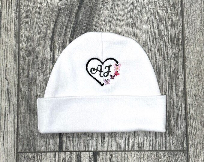 Initials monogrammed baby hat with embroidered butterfly heart - micro preemie / preemie / newborn / 0-3 months / 3-6 months / 6-12 months