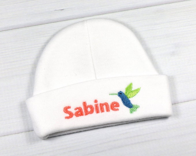 Personalized baby hat with hummingbird - micro preemie / preemie / newborn / 0-3 months / 3-6 months / 6-12 months