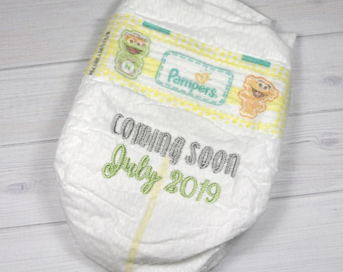 Pregnancy announcement diaper - Coming Soon - due date announcement, embroidered diaper baby keepsake for memory box or shadow box