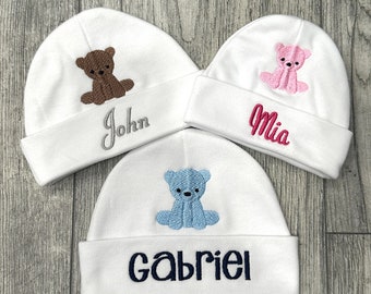 Personalized baby hat with embroidered teddy bear - micro preemie / preemie / newborn / 0-3 months / 3-6 months / 6-12 months