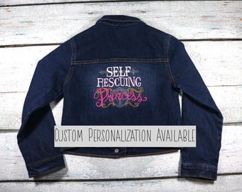 Embroidered Denim Jacket: Self Rescuing Princess - Personalized Toddler Jean Jacket