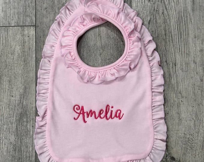 Embroidered Ruffle Baby Bib: Personalized Monogrammed Infant Bib for Newborn Girl