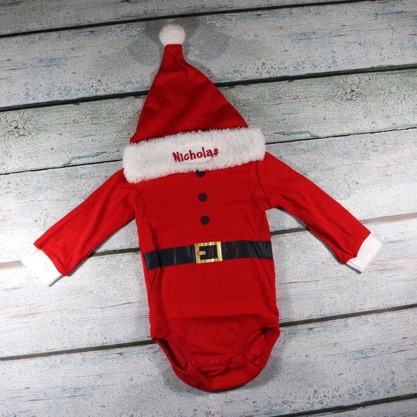 Personalized baby Christmas outfit - baby Christmas bodysuit and Santa hat - baby Santa outfit