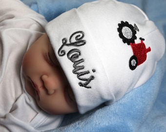 Personalized newborn hat with red tractor - micro preemie / preemie / newborn / 0-3 months / 3-6 months