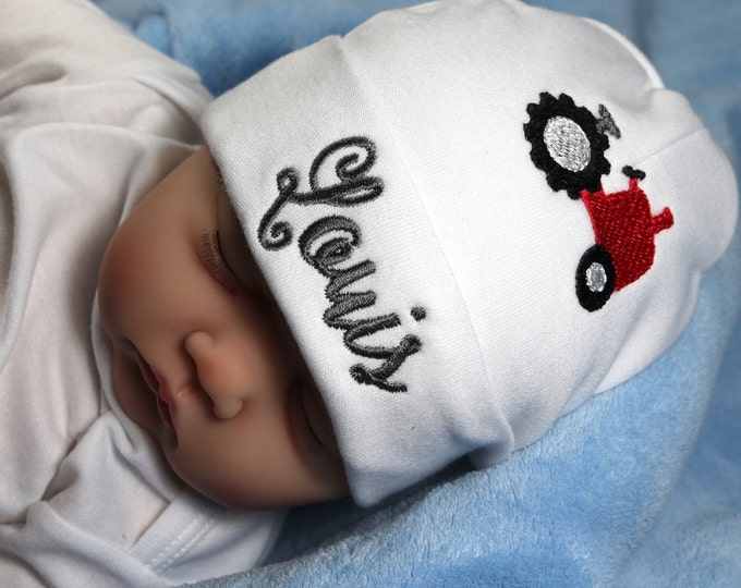 Personalized newborn hat with red tractor - micro preemie / preemie / newborn / 0-3 months / 3-6 months