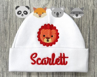 Personalized baby hat with animal - newborn hat, preemie hat baby boy hat baby girl hat, NICU clothes, safari baby shower gift lion baby hat