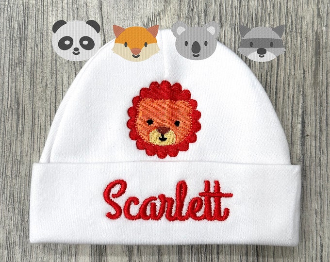 Personalized baby hat with animal - newborn hat, preemie hat baby boy hat baby girl hat, NICU clothes, safari baby shower gift lion baby hat
