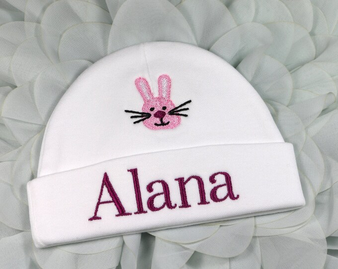 Personalized baby hat with embroidered bunny - micro preemie / preemie / newborn / 0-3 months / 3-6 months / 6-12 months