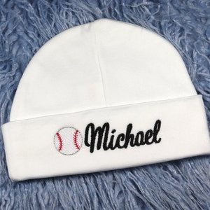 Personalized baby hat with embroidered baseball - micro preemie / preemie / newborn / 0-3 months / 3-6 months / 6-12 months