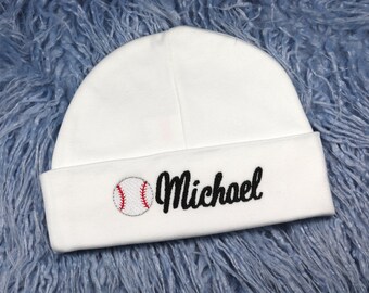 Personalized baby hat with baseball - micro preemie / preemie / newborn / 0-3 months / 3-6 months / 6-12 months