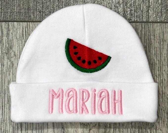 Personalized baby hat with an embroidered watermelon - micro preemie / preemie / newborn / 0-3 months / 3-6 months / 6-12 months